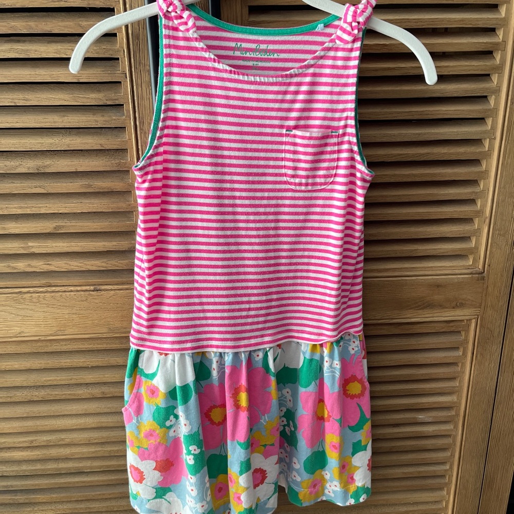 Mini Boden Pink Striped Dress with Floral Skirt
